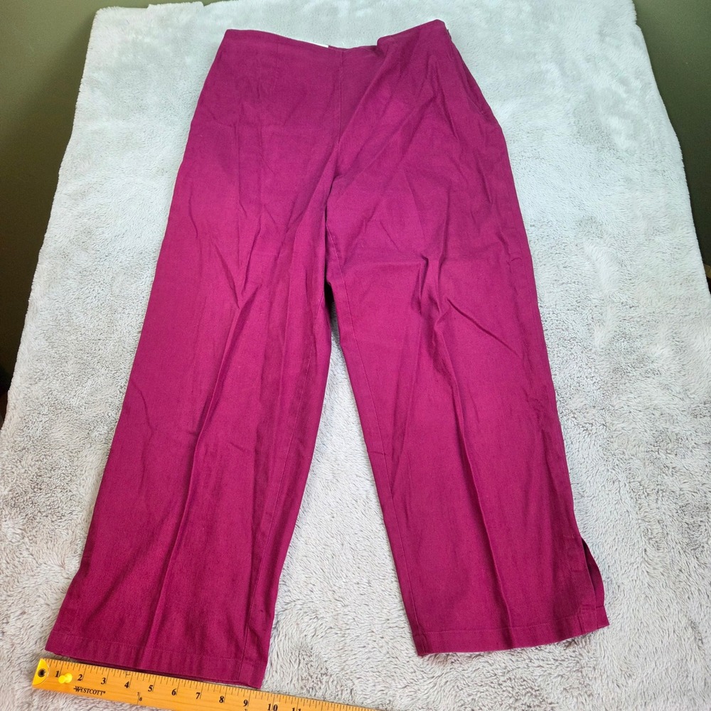 Talbots Linen Pants Womens Sz 12 Stretch Wide Leg Crop Side Vent Trousers Berry